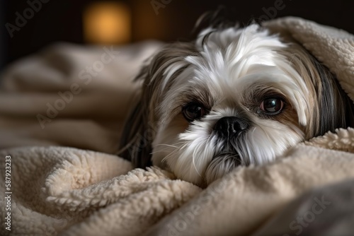 A cute and cuddly Shih Tzu snuggled up on a pillow - This Shih Tzu is snuggled up on a soft pillow or bed, enjoying some relaxation time. Generative AI