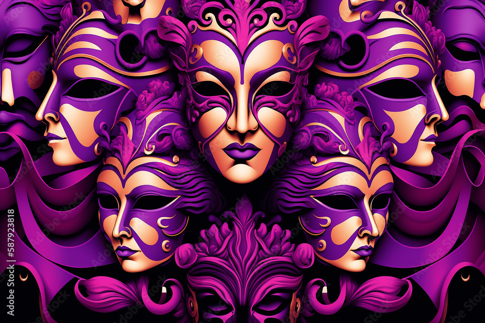 luxurious carnival masks with feathers of different colors in Venetian style. Abstract blurred background, gold dust, carnival holiday. Generative AI. luxurious carnival masks with feathers of different colors in Venetian style. Abstract blurred background, gold dust, carnival holiday. Generative AI.