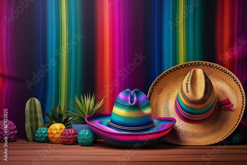 Cinco de Mayo holiday background. Mexican cactus and party sombrero hat on rainbow striped background. Generative AI illustration