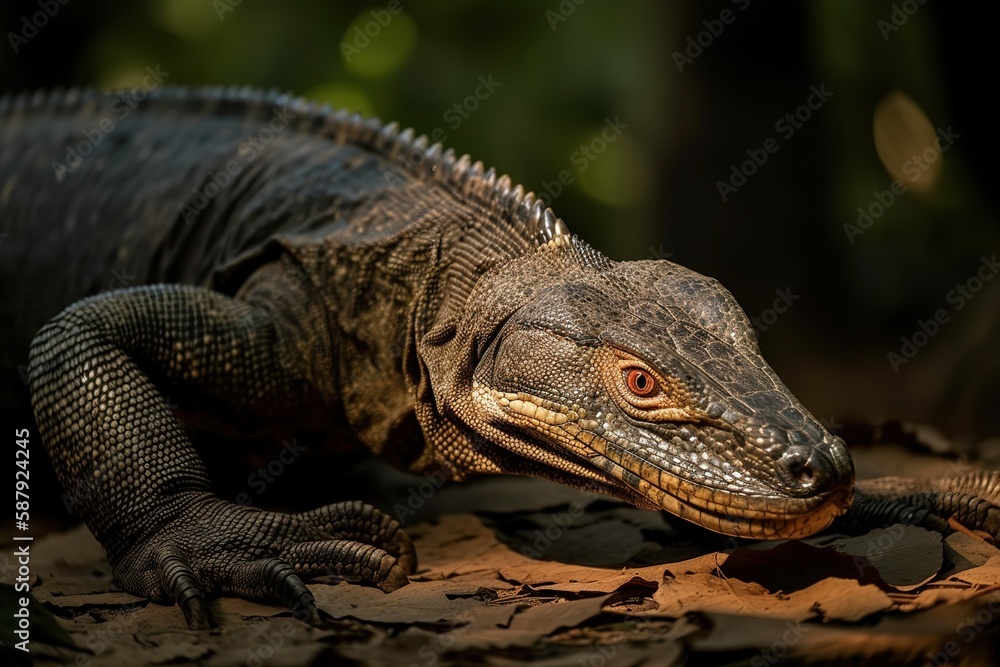 Obraz premium A fierce and determined Komodo Dragon hunting its prey - This Komodo Dragon is hunting its prey, showing off its fierce and determined nature. Generative AI