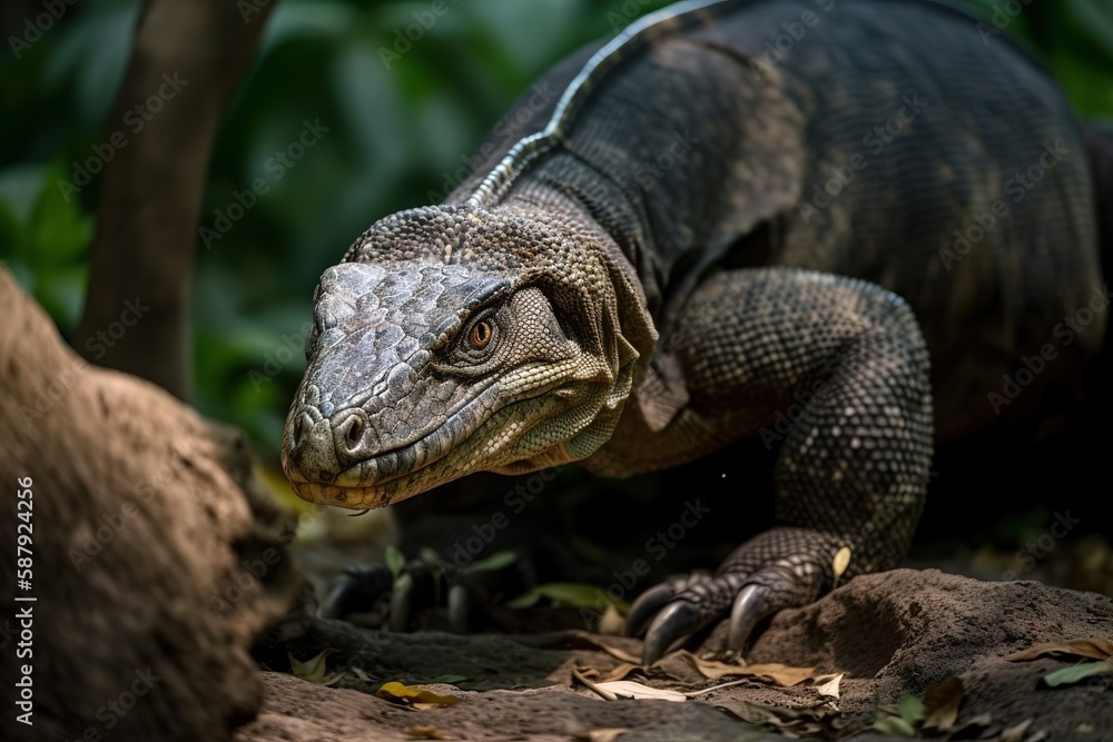 Obraz premium A fierce and determined Komodo Dragon hunting its prey - This Komodo Dragon is hunting its prey, showing off its fierce and determined nature. Generative AI