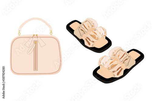 Fototapeta Naklejka Na Ścianę i Meble -  Beige, brown bag with a zipper in front and beige, brown sandals, flip-flops with black soles close-up, isolated, on a transparent and white background. Summer clothes, wardrobe. Vector image.