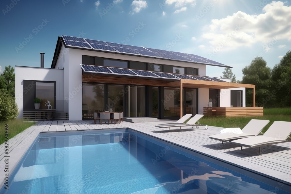 modern house with swimming pool and solar panels on the roof, generative ai