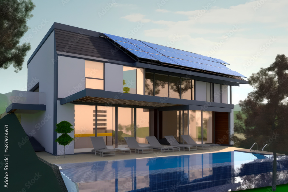 modern house with swimming pool and solar panels on the roof, generative ai