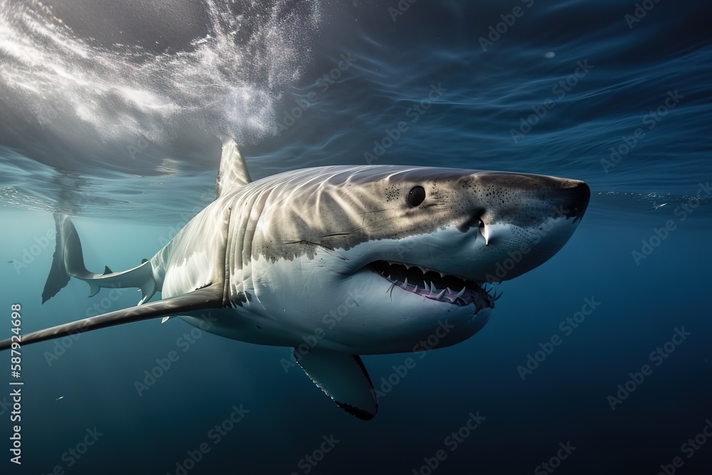 Fototapeta premium A fierce and intimidating Great White Shark swimming through the ocean. Generative AI