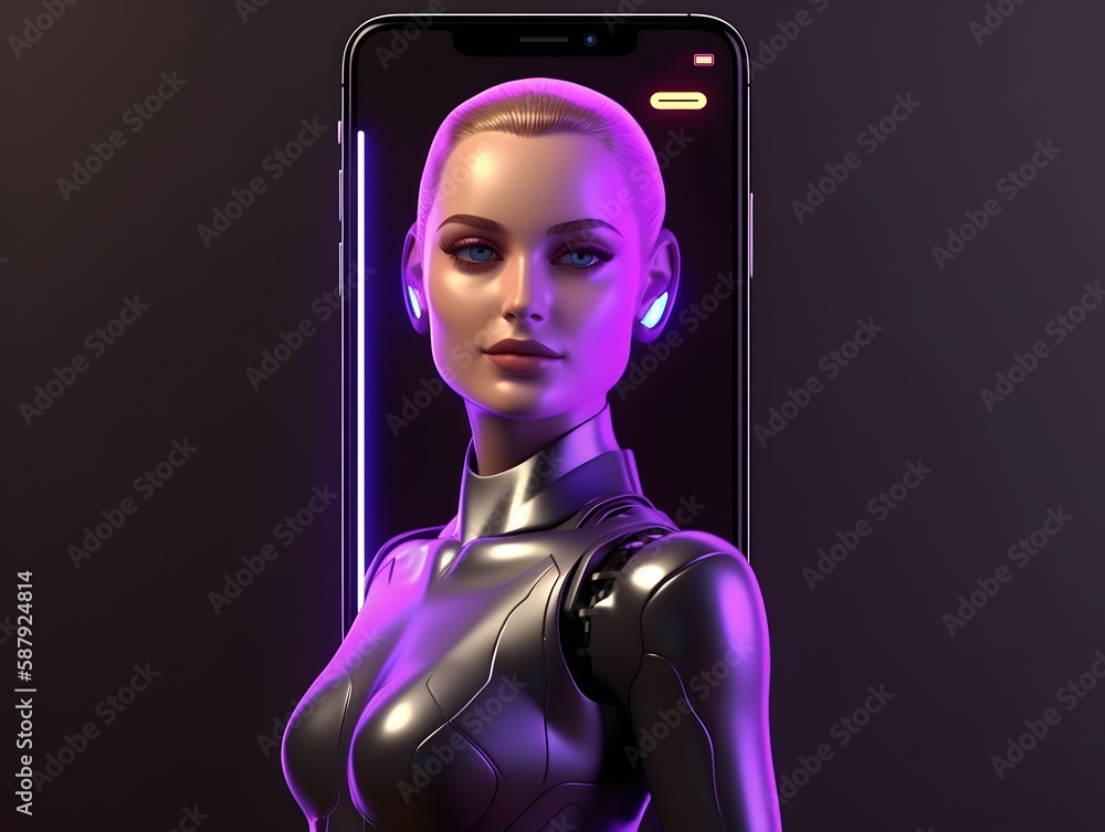 Female robot beside the screen of smartphone. Concept of chatbot with artificial intelligence. Female robot beside the screen of smartphone. Concept of chatbot with artificial intelligence.