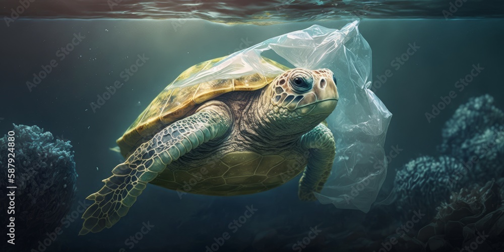 Fototapeta premium Sea turtle swimming with plastic bag. Underwater animals harm made by garbage in water. Ecological catastrophe. Plastic pollution in ocean. Generative AI