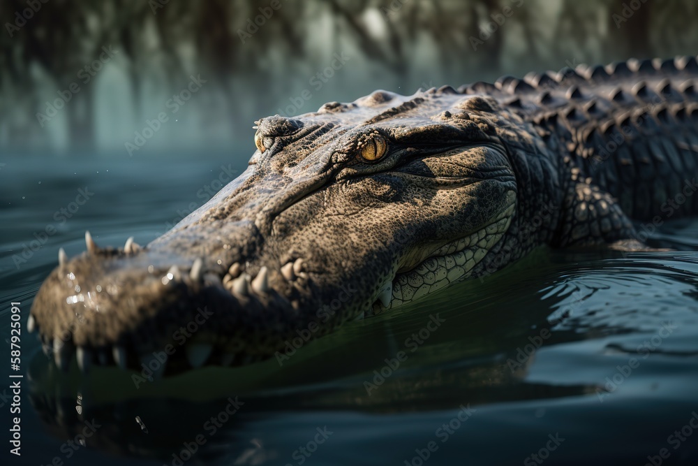Obraz premium A fierce and intimidating Saltwater Crocodile lurking in the water, showing off its fierce and intimidating nature. Generative AI