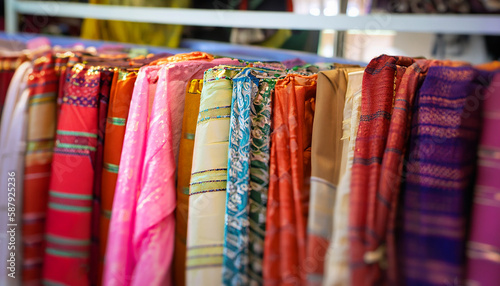 Lot of sarees in local clothing store. blur background. selective focus image. 