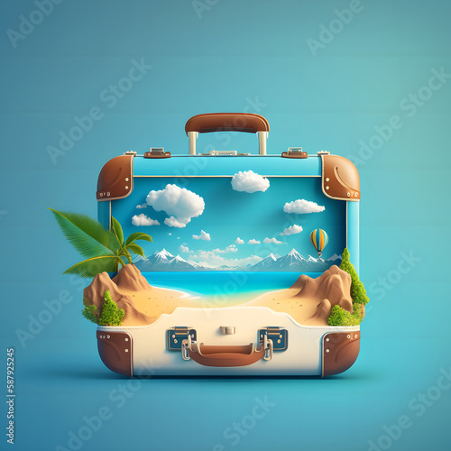 Suitcase with travel accessories on blue background. travel concept. Generative ai photo