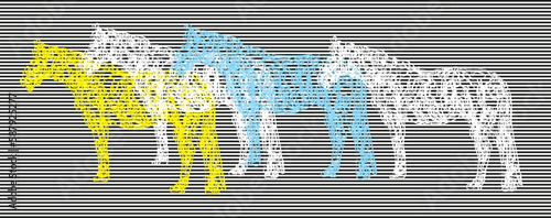 Illustration of a group of abstract horses on horizontal stripes background