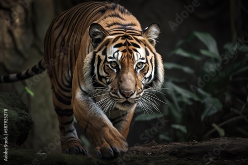 A fierce and majestic Bengal Tiger stalking its prey - This Bengal Tiger is stalking its prey  showing off its fierce and majestic nature. Generative AI