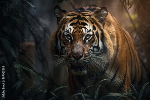A fierce and majestic Bengal Tiger stalking its prey - This Bengal Tiger is stalking its prey, showing off its fierce and majestic nature. Generative AI