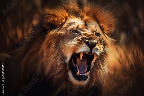 A fierce and powerful African Lion roaring in the savannah - This African Lion is roaring in the savannah  showing off its fierce and powerful nature. Generative AI