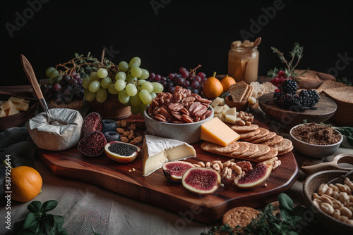 Vegan charcuterie board on a rustic table. Healthy diet nutrition concept