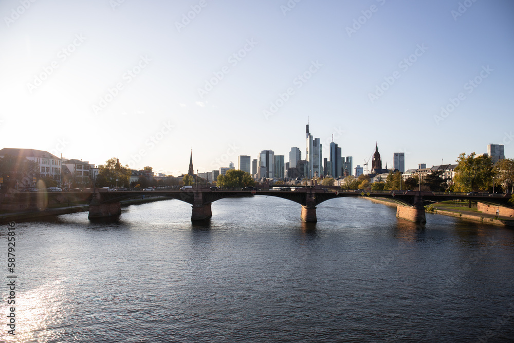 Frankfurt am Main photographed from a viewing platform at sunset with skyline and river