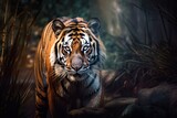 A fierce and powerful Bengal Tiger stalking its prey - This Bengal Tiger is stalking its prey, showing off its fierce and powerful nature. Generative AI