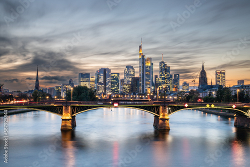Frankfurt am Main photographed from a viewing platform at sunset with skyline and river