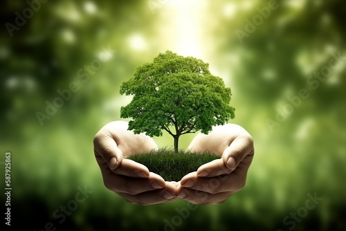 Eco Friendly Tree In Hands, Green Environment For Better Future Generative AI