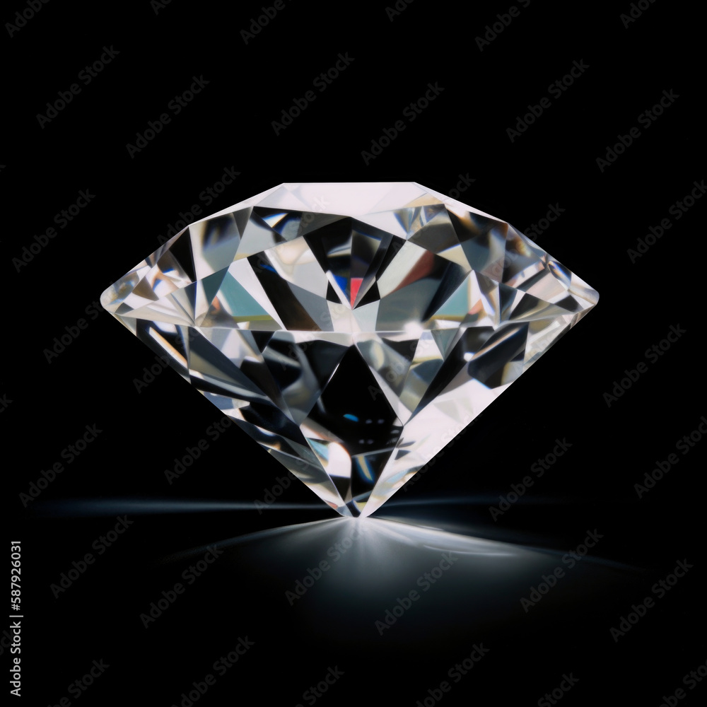 A large sparkling diamond refracting a ray of light on a black background. A large sparkling diamond refracting a ray of light on a black background.