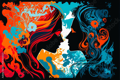 Silhouette of young couple kissing and looking into each other s eyes. Vibrant and vivid colors conveying the intensity and passion of a young love. Generative AI