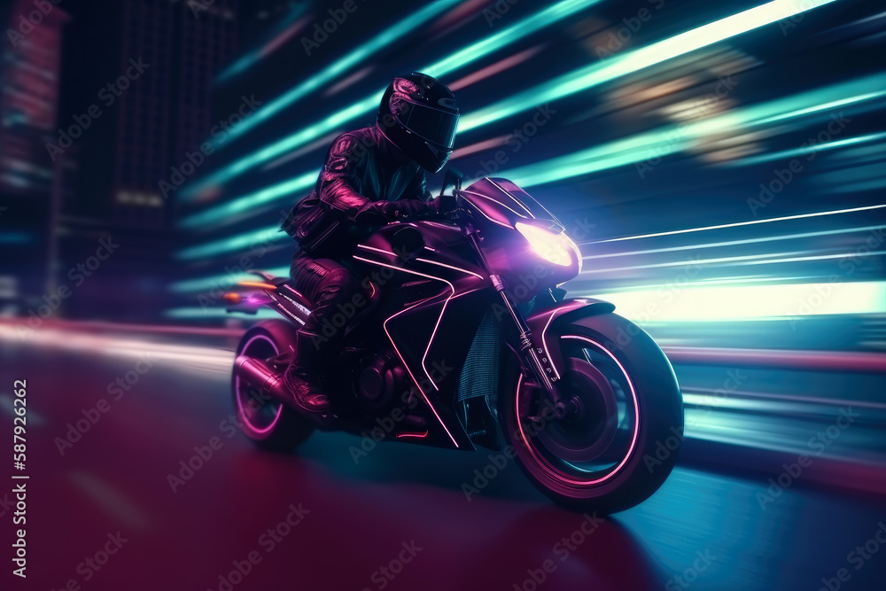 A motorcyclist in a helmet on a motorcycle rides through the night city. Cyberpunk style illustration.