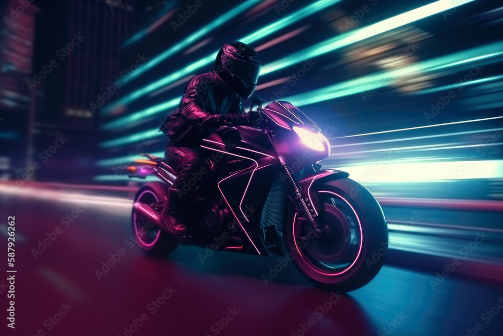 A motorcyclist in a helmet on a motorcycle rides through the night city. Cyberpunk style illustration. A motorcyclist in a helmet on a motorcycle rides through the night city. Cyberpunk style illustration.