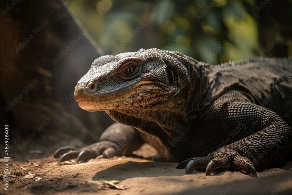 A fierce and powerful Komodo Dragon basking in the sun - This Komodo Dragon is basking in the sun, showing off its fierce and powerful nature. Generative AI A fierce and powerful Komodo Dragon basking in the sun - This Komodo Dragon is basking in the sun, showing off its fierce and powerful nature. Generative AI