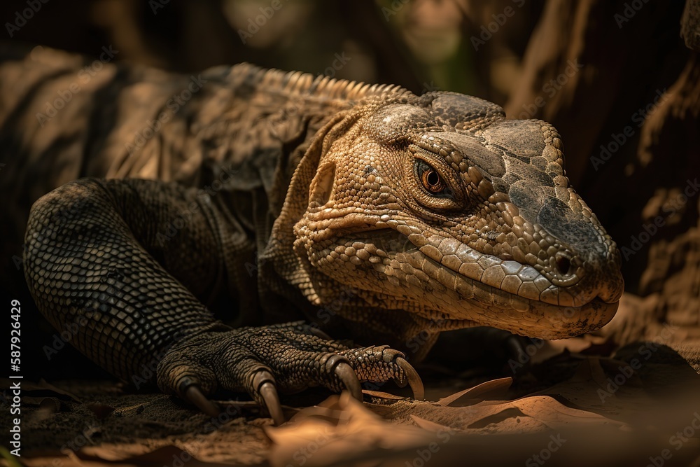 Obraz premium A fierce and powerful Komodo Dragon basking in the sun - This Komodo Dragon is basking in the sun, showing off its fierce and powerful nature. Generative AI