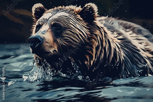 A fierce and predatory grizzly bear fishing in a river Generative AI