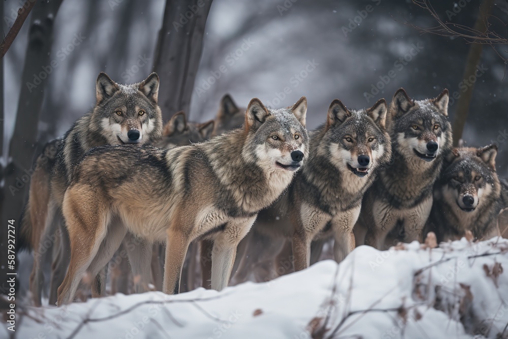 A fierce and predatory wolf pack in the winter snow Generative AI A fierce and predatory wolf pack in the winter snow Generative AI