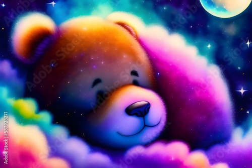 Graphic representation of Teddy Bear Sleeping in a Colorful Galaxy Nebula. Generative AI. 