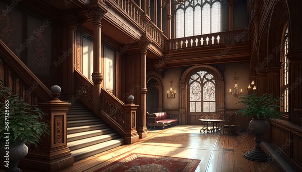 Victorian interior style great hall with pillars, big stairway with wooden handrail. Generative AI