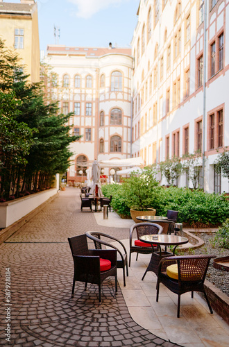 Sidewalk cafe in old town of Budapest, Hungary.