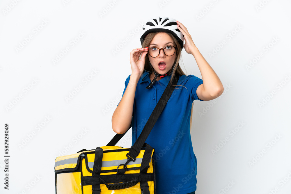 Lithuanian woman with thermal backpack with glasses and surprised Lithuanian woman with thermal backpack with glasses and surprised