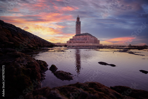Travel by Morocco. Hassan II Mosque during the sunset in Casablanca.
