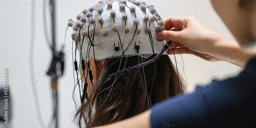 person holding an eeg sensor measuring brain activity, concept of Brainwave monitoring and technology, created with Generative AI technology photo
