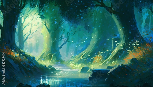 mystic blue and green forest with a fantasy atmosphere  illustration painting  Generative AI