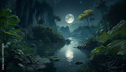 Dschungellandschaft mit einem Fluss bei Mondschein mit Bergen im Hintergrund und der Ferne