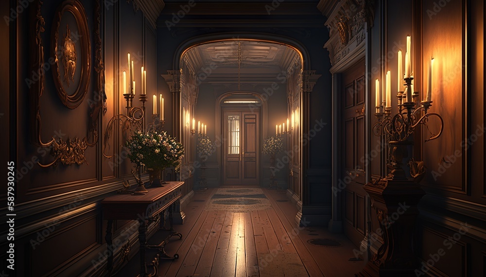 Victorian interior style hallway at night in the candlelight with wooden floor and door