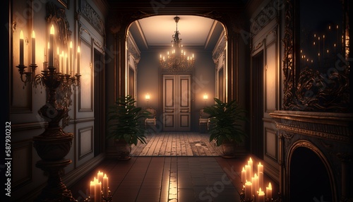 Victorian interior style hallway at night in the candlelight with wooden floor and door