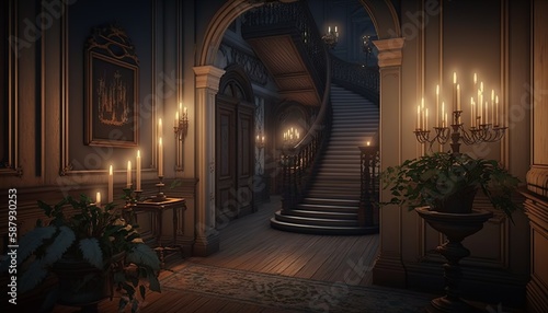 Victorian interior style hallway at night in the candlelight with wooden floor and door