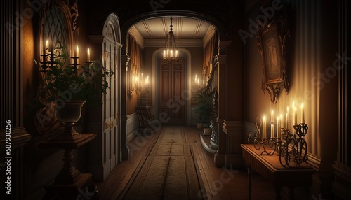 Victorian interior style hallway at night in the candlelight with wooden floor and door