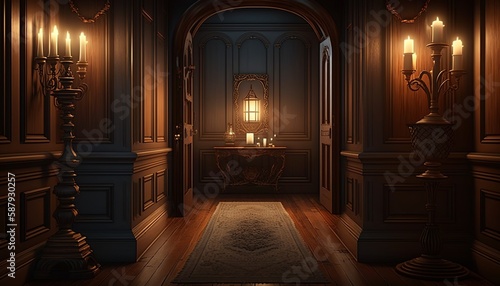 Victorian interior style hallway at night in the candlelight with wooden floor and door