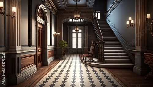 Victorian interior style hallway with wooden furnitures, and staircase with handrail. Generative AI