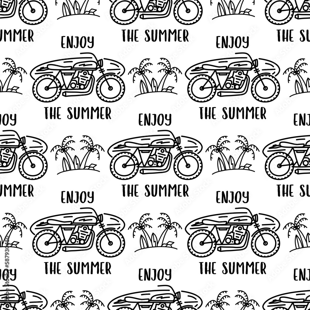 Fototapeta premium Surfing Seamless Design. Summer Pattern with Motorcycle and Palms. Perfect for Beach and Vacation-Themed Designs and Products. Stock vector silhouette background