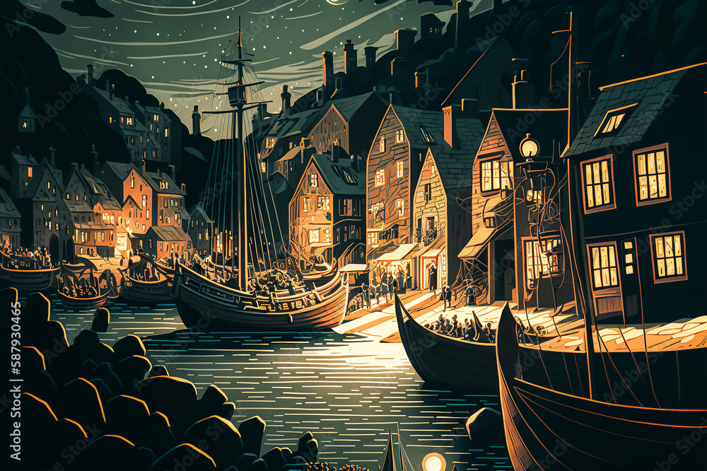 Stylized illustration of a harbor at night, with lights bathed in darkness. Stylized realism with an emphasis on atmosphere and mood. Generative AI
