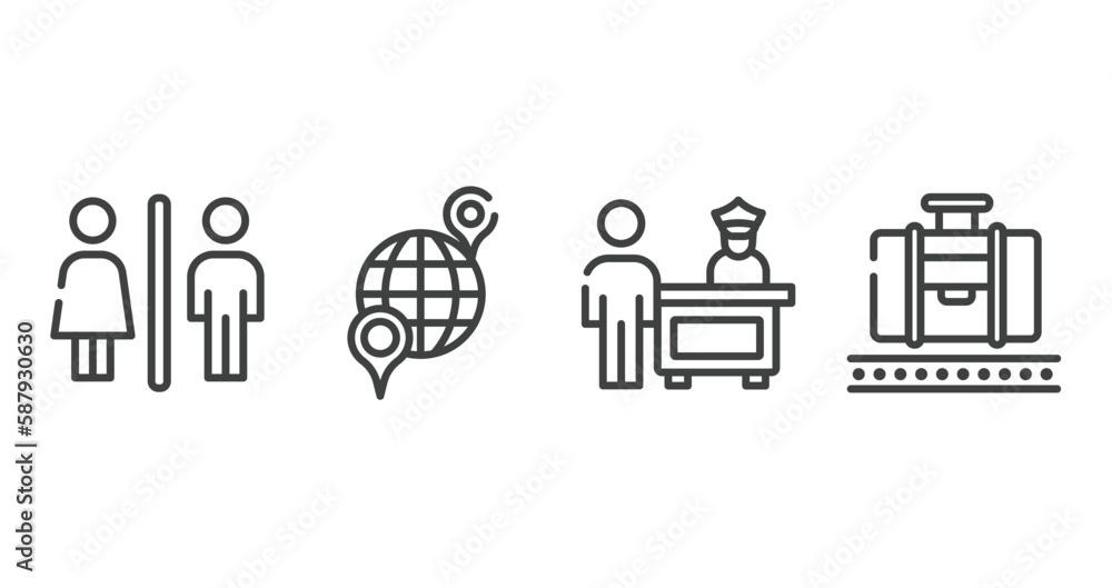 airport and travel outline icons set. thin line icons sheet included male and female toilet, international location, customs control, baggage claim vector.