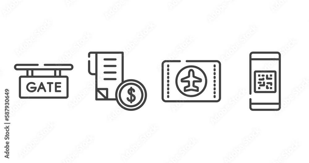 in the frontier outline icons set. thin line icons sheet included gate, receipt with dollar, airplane flight card, qr code scan vector. in the frontier outline icons set. thin line icons sheet included gate, receipt with dollar, airplane flight card, qr code scan vector.