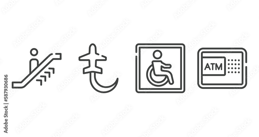 in the airport outline icons set. thin line icons sheet included upwards or, planes circling, wheelchair accessible, automated teller hine vector. in the airport outline icons set. thin line icons sheet included upwards or, planes circling, wheelchair accessible, automated teller hine vector.